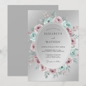 Silver Elegant Floral Wedding 招待状 (正面/裏面)