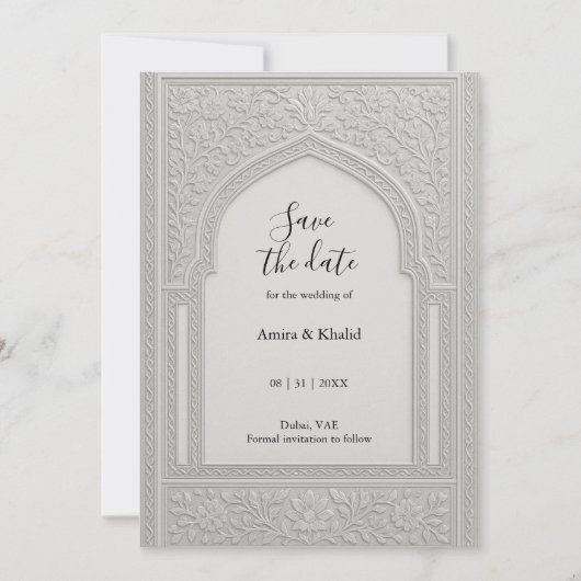 Silver Embossed Floral Arch Wedding save the date 招待状 (正面)