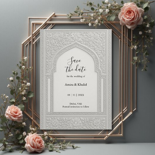 Silver Embossed Floral Arch Wedding save the date 招待状