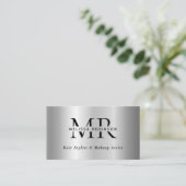 Silver Faux Brushed Metal Modern Monogram QR Code 名刺 (スタンド正面)