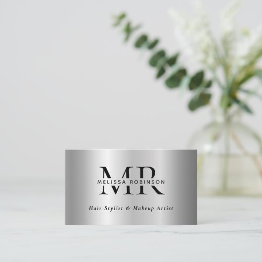 Silver Faux Brushed Metal Modern Monogram QR Code 名刺 (スタンド正面)