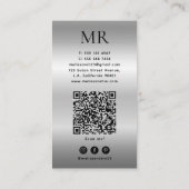 Silver Faux Brushed Metal Modern Monogram QR Code 名刺 (裏面)