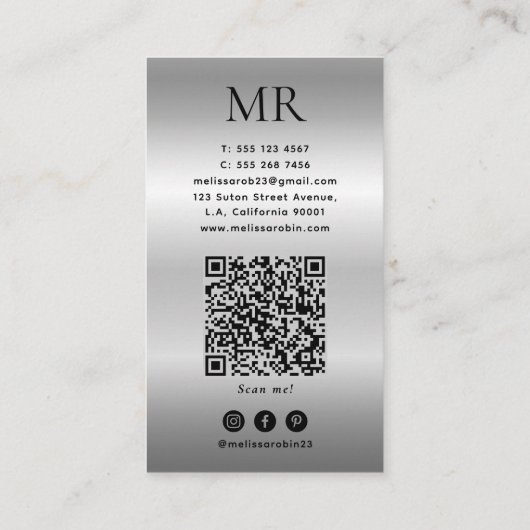 Silver Faux Brushed Metal Modern Monogram QR Code 名刺 (裏面)