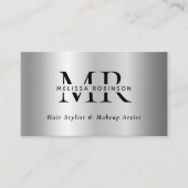 Silver Faux Brushed Metal Modern Monogram QR Code 名刺 (正面)