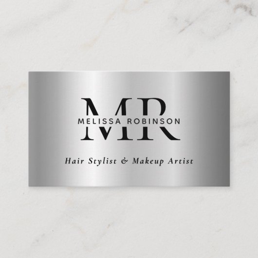 Silver Faux Brushed Metal Modern Monogram QR Code 名刺 (正面)