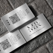 Silver Faux Brushed Metal Modern Monogram QR Code 名刺