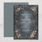 Silver Filigree Moody Gothic Rose Wedding 招待状 (正面/裏面)