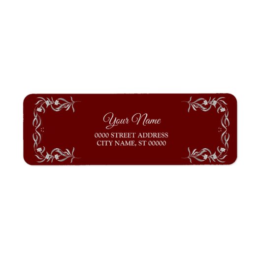 Silver Floral Pattern Red Wedding Return Address ラベル (正面)