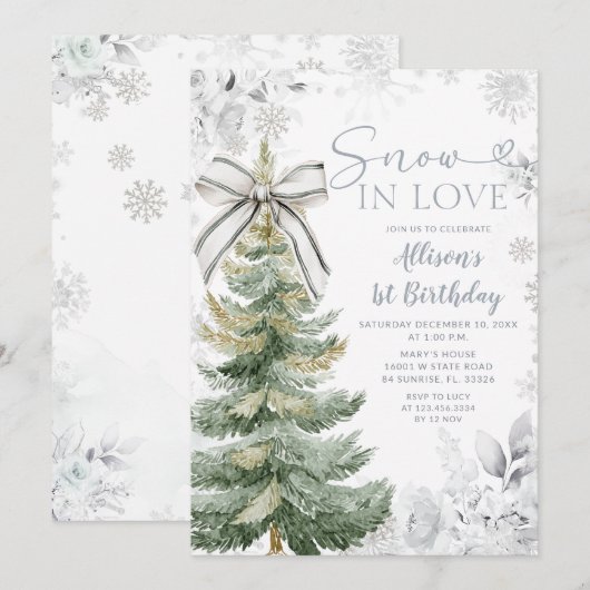 Silver Floral Snow In Love Christmas Tree Birthday 招待状 (正面/裏面)