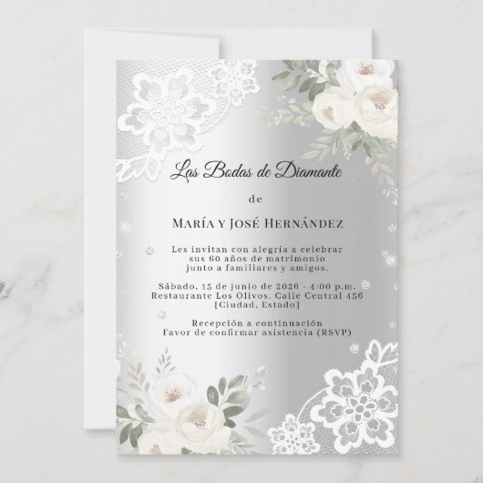 Silver Florals Invitación Bodas de Diamante 招待状 (正面)