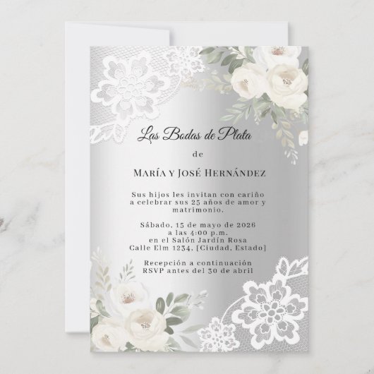 Silver Florals Invitación Bodas de Plata 招待状 (正面)