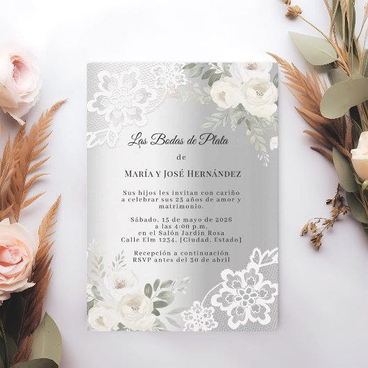 Silver Florals Invitación Bodas de Plata 招待状
