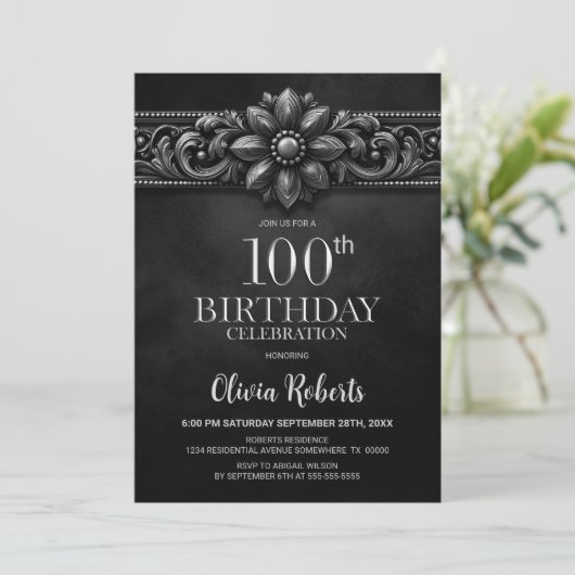 Silver Flower Black 100th Birthday Party 招待状 (スタンド正面)