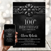 Silver Flower Black 100th Birthday Party 招待状
