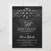Silver Flower Black 50th Birthday Party 招待状 (正面)