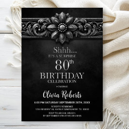 Silver Flower Black Surprise 80th Birthday Party 招待状