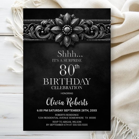 Silver Flower Black Surprise 80th Birthday Party 招待状
