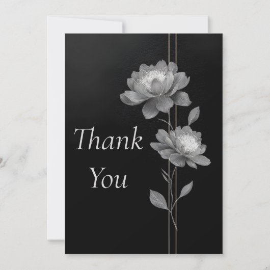 Silver Flowers & Lines on Black Thank You Card 招待状 (正面)