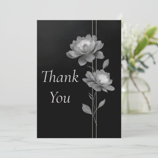 Silver Flowers & Lines on Black Thank You Card 招待状 (スタンド正面)