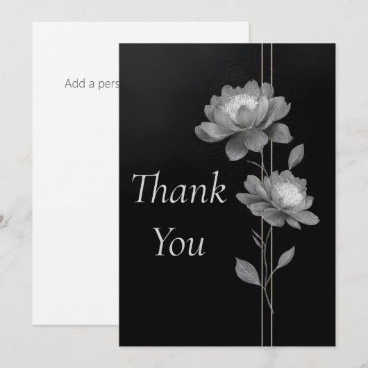 Silver Flowers & Lines on Black Thank You Card 招待状 (正面/裏面)