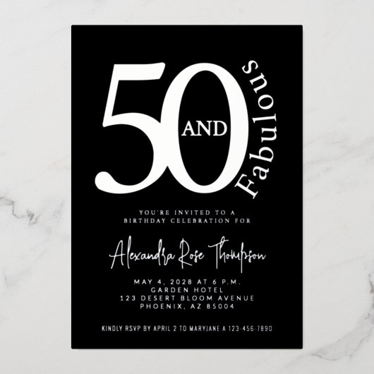 Silver Foil 50 and Fabulous 50th Birthday Party 箔招待状 (正面)