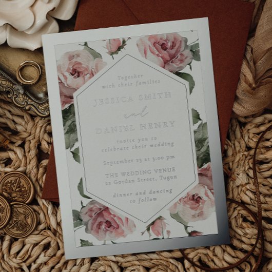 Silver Foil Frame Blush Floral Wedding 箔招待状