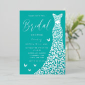 Silver Foil Heart Dress Teal Blue Bridal Shower 箔招待状 (立ち正面)