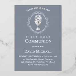 Silver foil text First Holy Communion boy 箔招待状