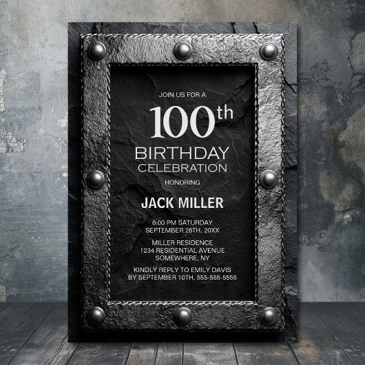 Silver Frame Black Slate 100th Birthday Party 招待状