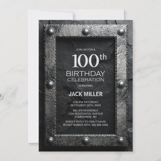 Silver Frame Black Slate 100th Birthday Party 招待状 (正面)