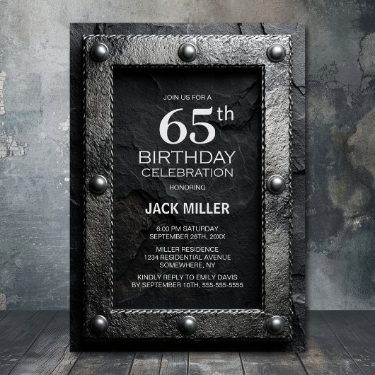 Silver Frame Black Slate 65th Birthday Party 招待状