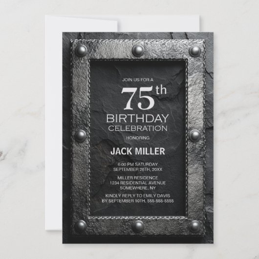 Silver Frame Black Slate 75th Birthday Party 招待状 (正面)