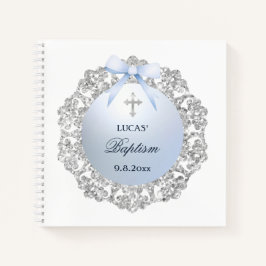 Silver Frame Blue Bow Baptism Square Guest Book ノートブック