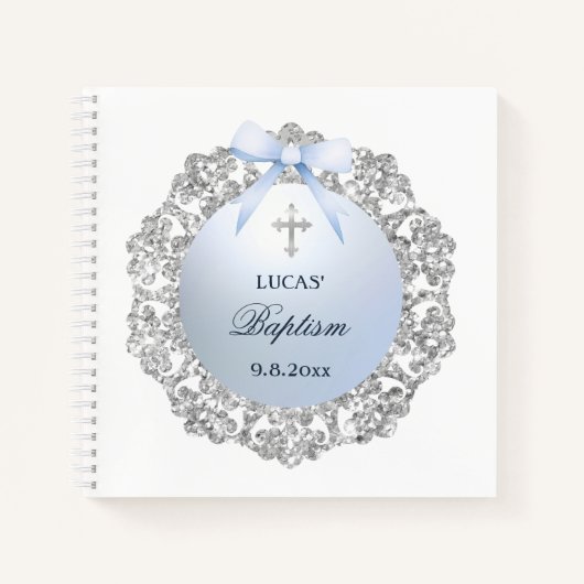 Silver Frame Blue Bow Baptism Square Guest Book ノートブック (正面)