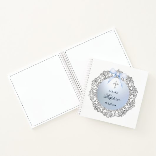 Silver Frame Blue Bow Baptism Square Guest Book ノートブック (内部)