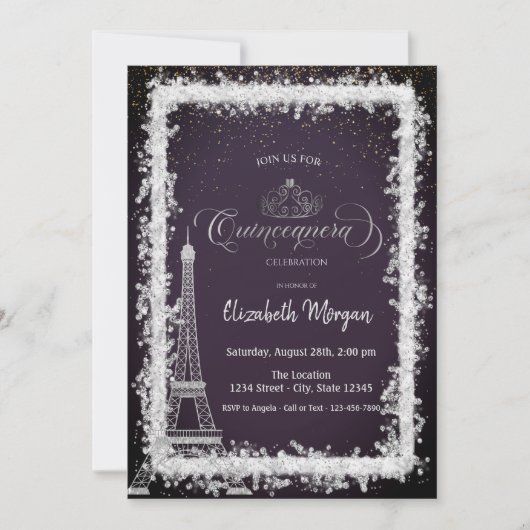 Silver Frame Eiffel Tower Dark Purple Quinceanera 招待状 (正面)