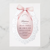 Silver Frame Pink Bow Baptism 箔招待状 (正面)