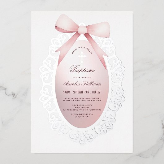 Silver Frame Pink Bow Baptism 箔招待状 (正面)