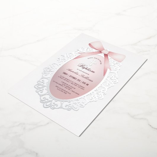 Silver Frame Pink Bow Baptism 箔招待状 (回転した状態)