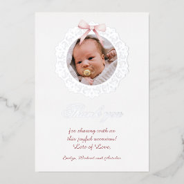 Silver Frame Pink Bow Baptism Foil Thank You Card 箔招待状