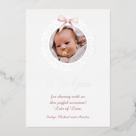Silver Frame Pink Bow Baptism Foil Thank You Card 箔招待状 (正面)