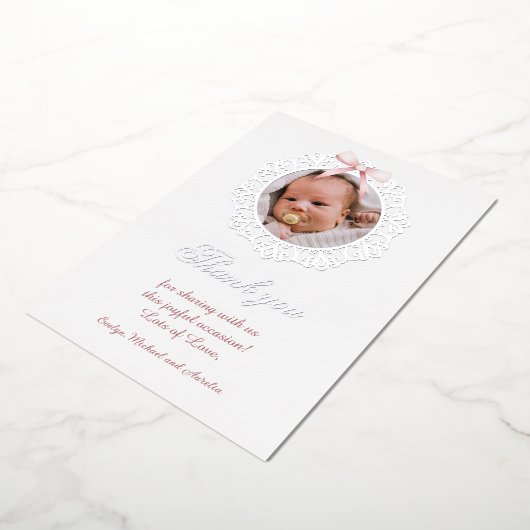 Silver Frame Pink Bow Baptism Foil Thank You Card 箔招待状 (回転した状態)