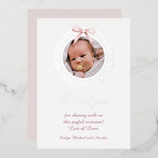 Silver Frame Pink Bow Baptism Foil Thank You Card 箔招待状 (正面/裏面)