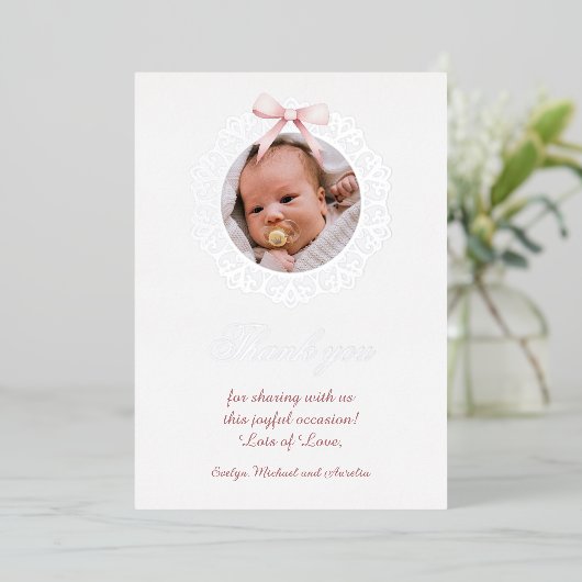 Silver Frame Pink Bow Baptism Foil Thank You Card 箔招待状 (立ち正面)