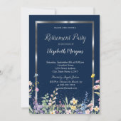 Silver Frame Wildflowers Navy Blue Retirement 招待状 (正面)