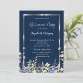 Silver Frame Wildflowers Navy Blue Retirement 招待状 (スタンド正面)