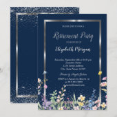 Silver Frame Wildflowers Navy Blue Retirement 招待状 (正面/裏面)