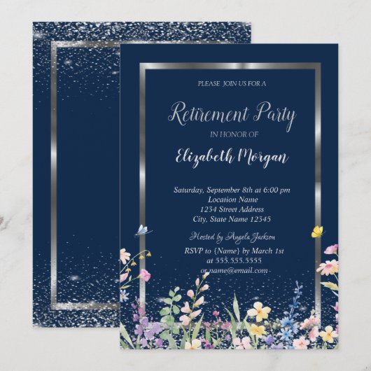Silver Frame Wildflowers Navy Blue Retirement 招待状 (正面/裏面)