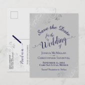 Silver Frills on Navy & Gray Wedding Save the Date 案内ポストカード (正面/裏面)