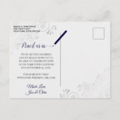 Silver Frills on Navy & Gray Wedding Save the Date 案内ポストカード (裏面)